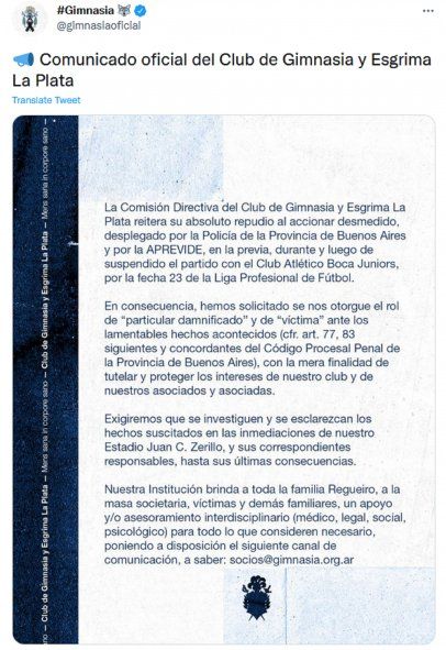 Comunicado oficial de Gimnasia realizando pedido a la justicia y poniéndose a disposición de la familia Rigueiro y los heridos
