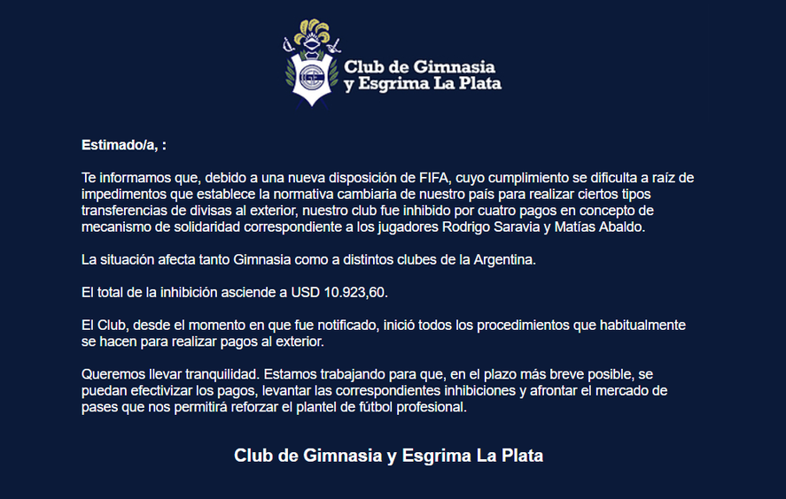 El comunicado que envió Gimnasia a sus socios. El comunicado que envió Gimnasia a sus socios.