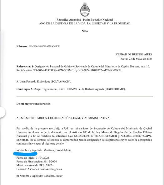 El expediente que confirma la contratación de El Dipy en la administración pública nacional.