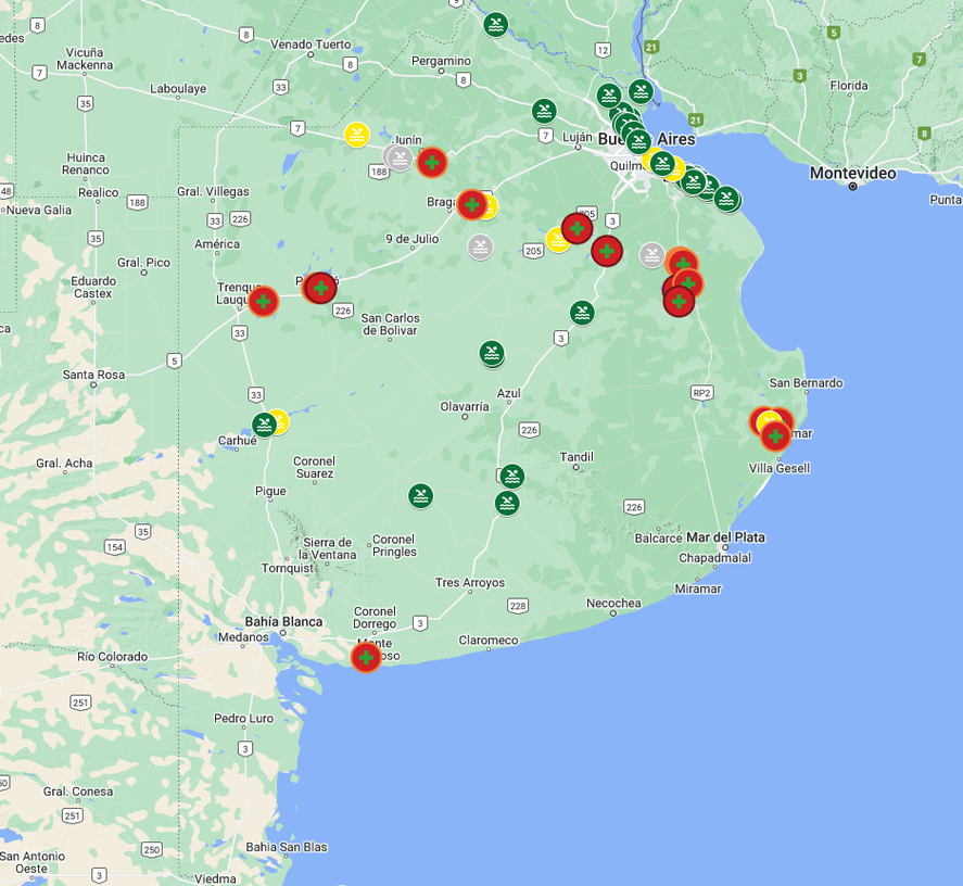 En varias ciudades bonaerenses hay alerta roja, naranja y amarilla por cianobacterias. 