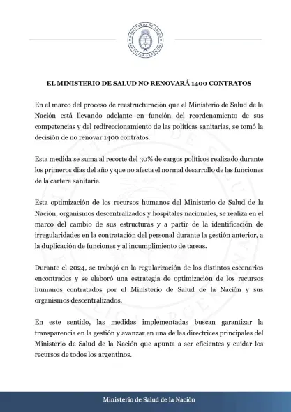 El Ministerio de Salud de la Nación anunció que no va a renovar unos 1400 contratos.