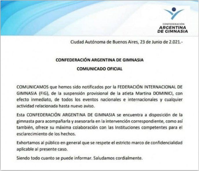 Comunicado sobre el doping positivo de Martina Dominici