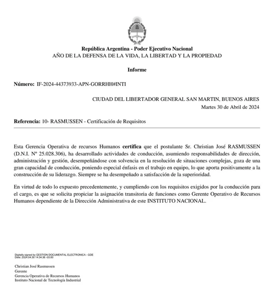 El autonombramiento como gerente de recursos humanos del INTI 