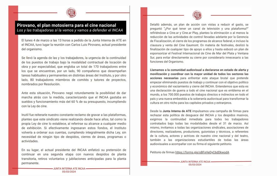 El comunicado de ATE advirtiendo sobre el próximo desguace del INCAA, a partir de la designación de su nuevo presidente del régimen libertario de Javier Milei 