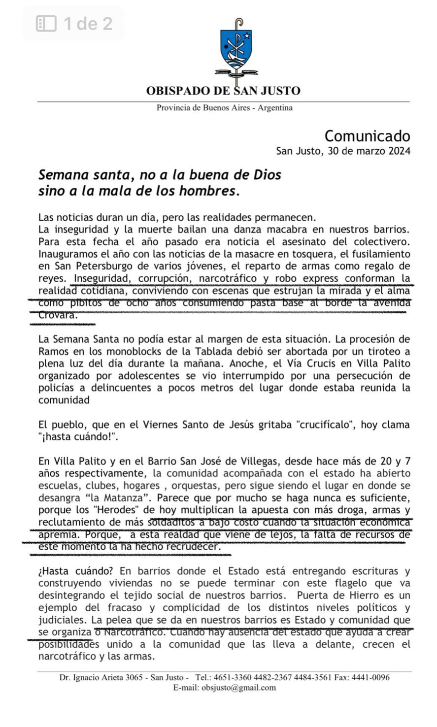 El comunicado del Obispo de San Justo en el partido de La Matanza 