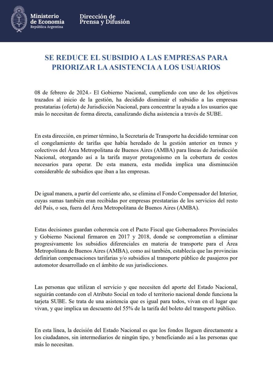El comunicado oficial del Ministerio de Economía de la Nación que anuncia la eliminación de subsidios para el interior en materia de transporte público de pasajeros, que implicará un aumento en los boletos