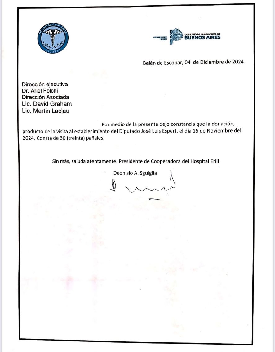 El comunicado oficial de la cooperadora del hospital de Escobar por la donación de José Luis Espert, de 30 pañales
