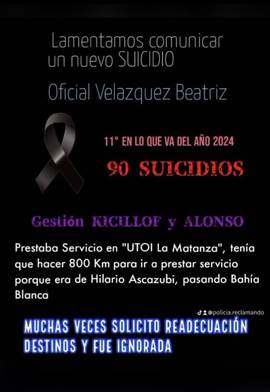 El reclamo de policías bonaerenses al Ministerio de Seguridad por el suicido de la oficial Velazquez El reclamo de policías bonaerenses al Ministerio de Seguridad por el suicido de la oficial Velazquez