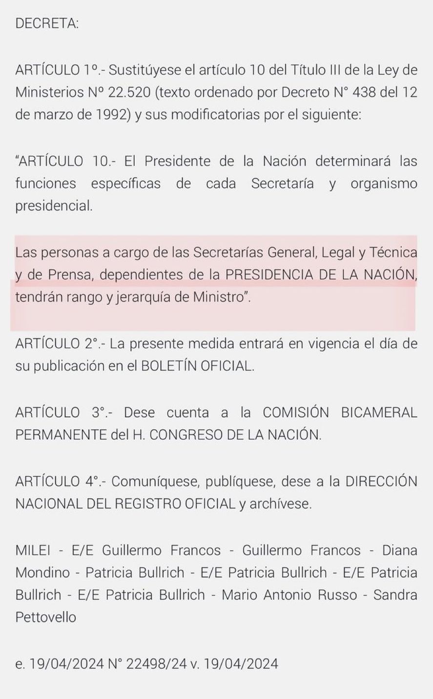 Extracto del Boletín Oficial que permite dejar de manifiesto el mecanismo ideado por Javier Milei para subirle el sueldo a sus funcionarios sin que se note ni se genere escándalo 