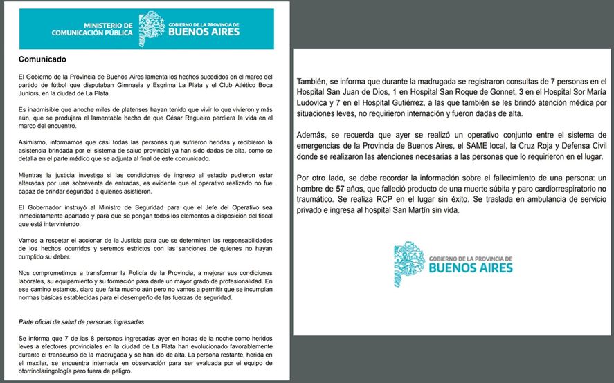 El comunicado del Gobierno provincial tras los incidentes en Gimnasia vs. Boca.