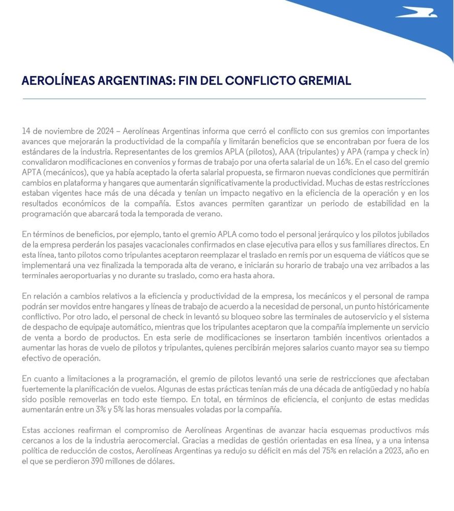 El comunicado de Aerolíneas Argentinas