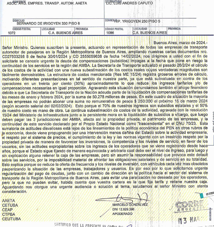 La carta documento enviada por las empresas del transporte público de colectivos a Luis Caputo.