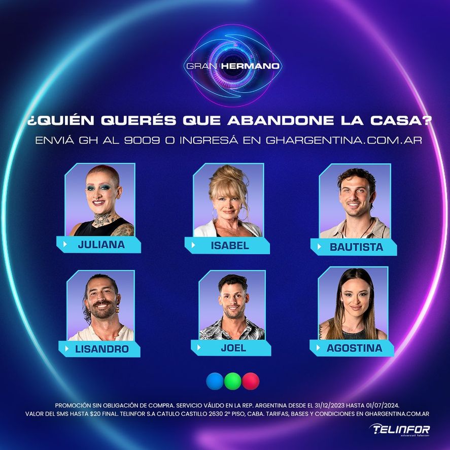 Juliana, Isabel, Bautista, Lisandro, Joel y Agostina son los nominados en Gran Hermano de esta semana. Juliana, Isabel, Bautista, Lisandro, Joel y Agostina son los nominados en Gran Hermano de esta semana.
