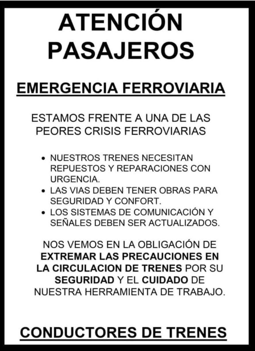 El comunicado de los choferes de trenes anunciando la medida de fuerza.