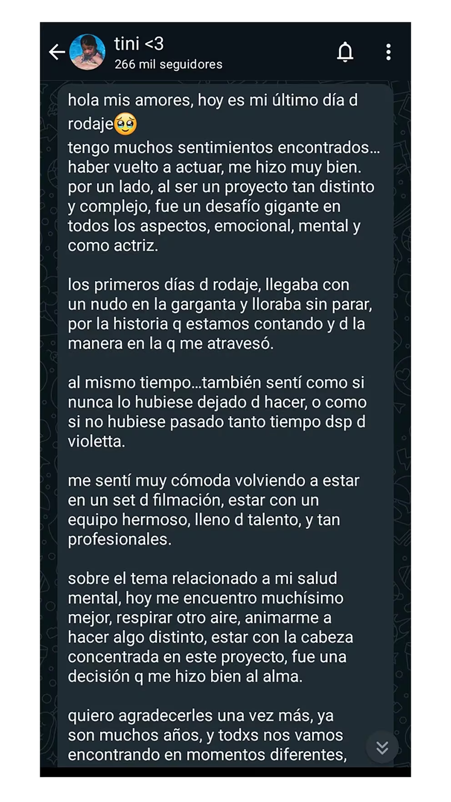 El emocionante mensaje de Tini Stoessel. El emocionante mensaje de Tini Stoessel.