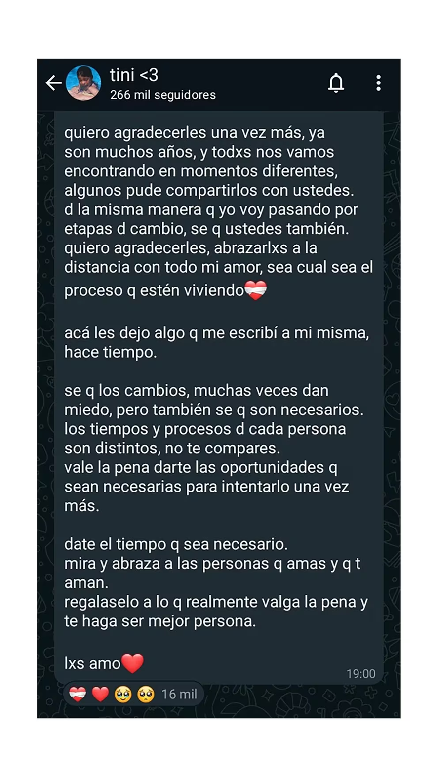 El emocionante mensaje de Tini Stoessel. El emocionante mensaje de Tini Stoessel.