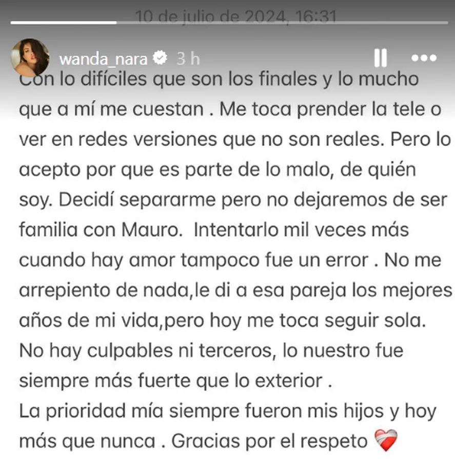 El comunicado de Wanda Nara sobre la separación.