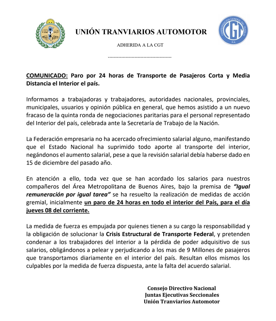 Paro de colectivos: el comunicado de la UTA