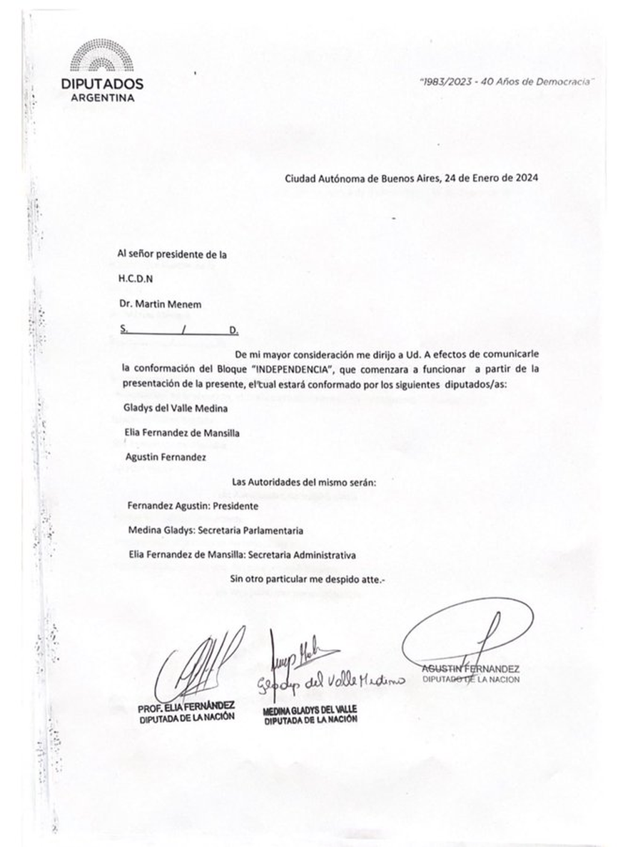 La nota con la que los diputados tucumanos rompieron el bloque de Unión por la Patria. Punto para Luis Caputo.