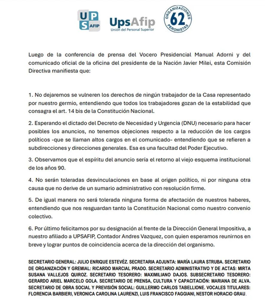 El comunicado en contra del cierre de la AFIP 