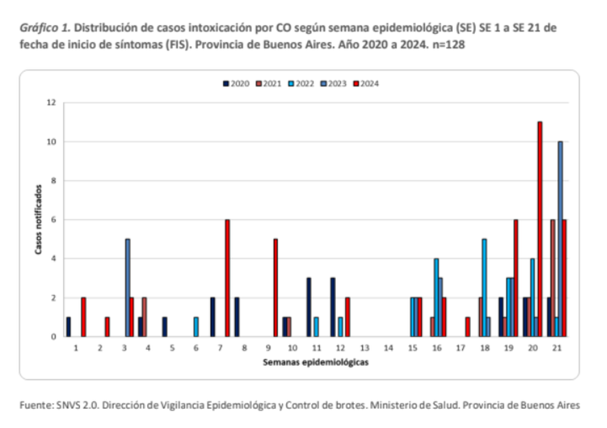 Según el último Boletín Epidemiológico del Ministerio de Salud bonaerense, se registraron casos de intoxicación por monóxido de carbono en la Provincia.