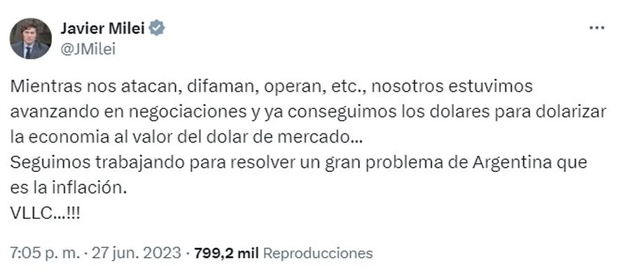 Como precandidato, Javier Milei anunció en Twitter que consiguió los dólares para dolarizar la economía argentina. Como precandidato, Javier Milei anunció en Twitter que consiguió los dólares para dolarizar la economía argentina.