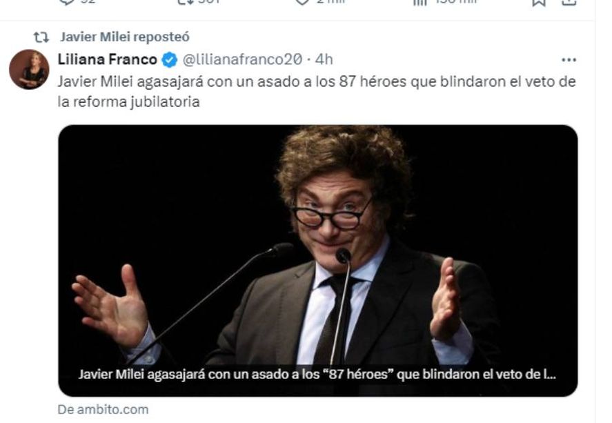 Javier Milei premiará con un asado a los 87 diputados que votaron contra los jubilados