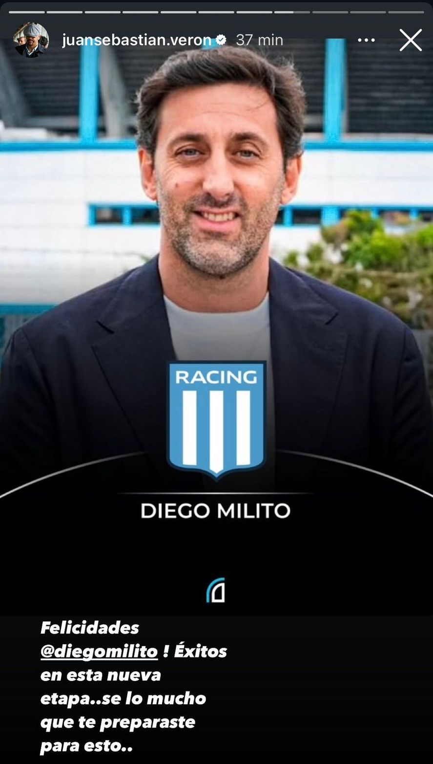 Juan Sebastián Verón felicito a Diego Milito por su llegada a la presidencia de Racing. Juan Sebastián Verón felicito a Diego Milito por su llegada a la presidencia de Racing.