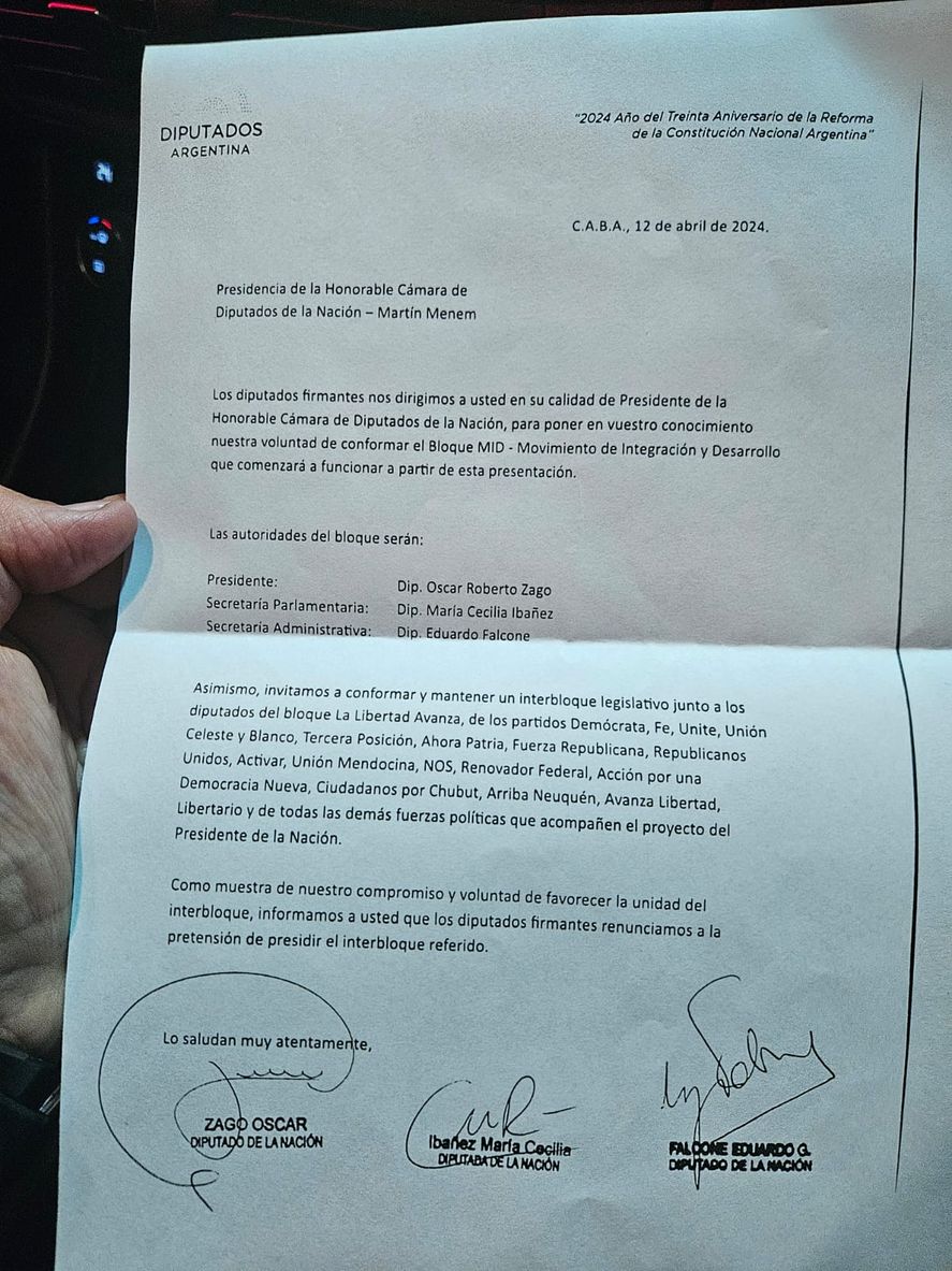 La carta que anuncia la ruptura del bloque de La Libertad Avanza 