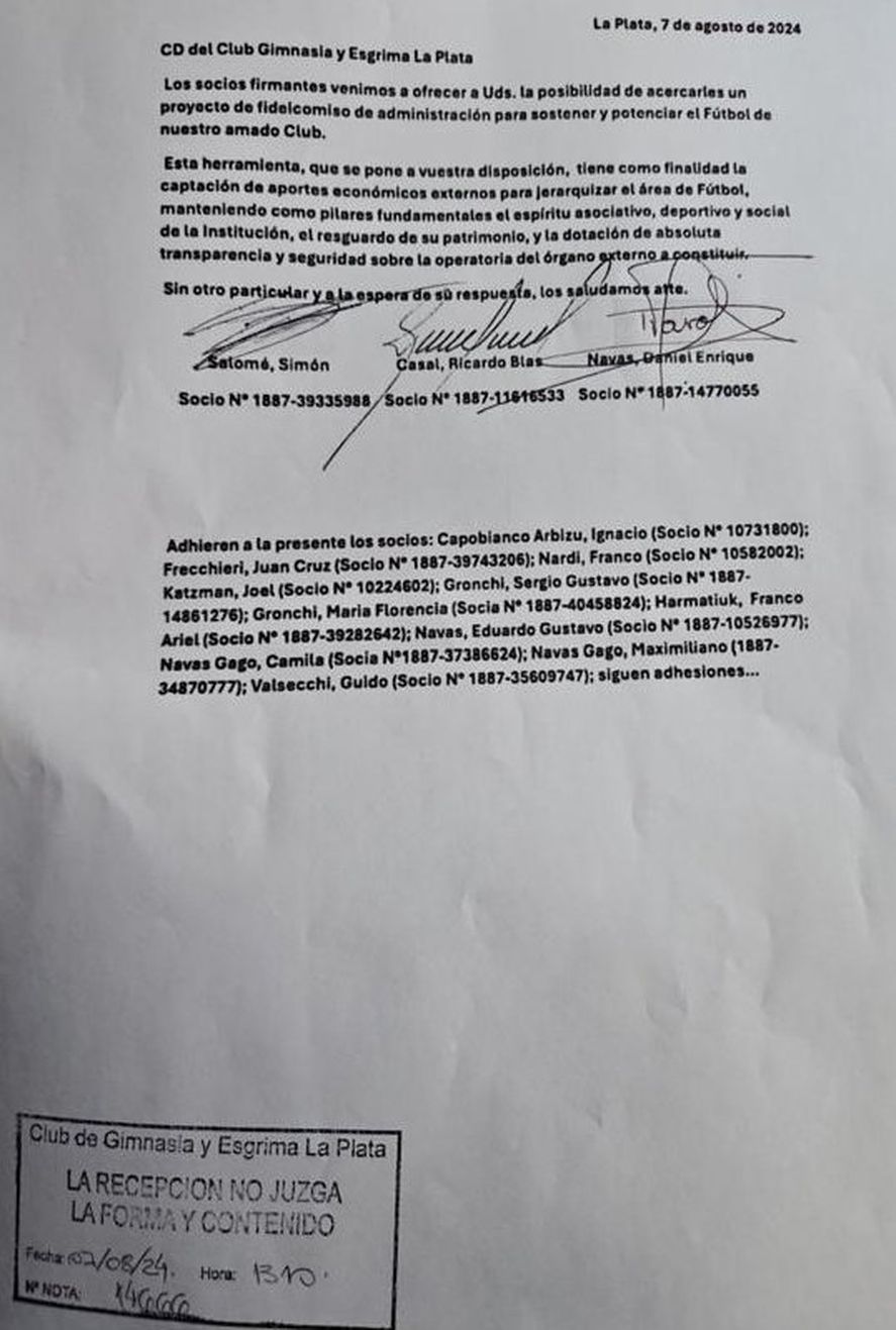 La nota que ingresó en mesa de entrada de la Sede de Gimnasia La nota que ingresó en mesa de entrada de la Sede de Gimnasia