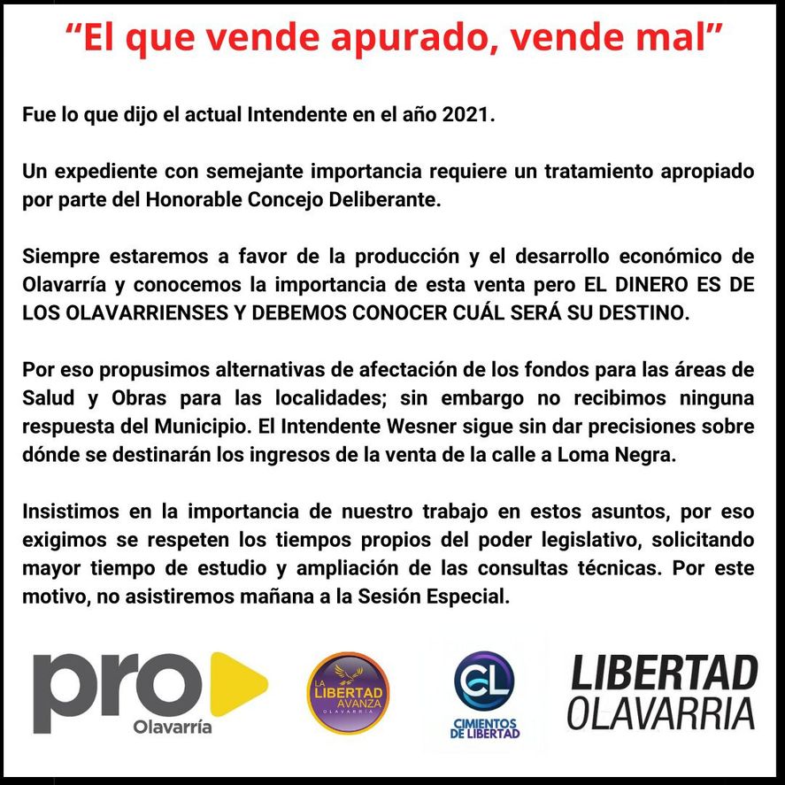 La oposición no da quórum en Olavarría y retrasa la venta de una calle a Loma Negra La oposición no da quórum en Olavarría y retrasa la venta de una calle a Loma Negra