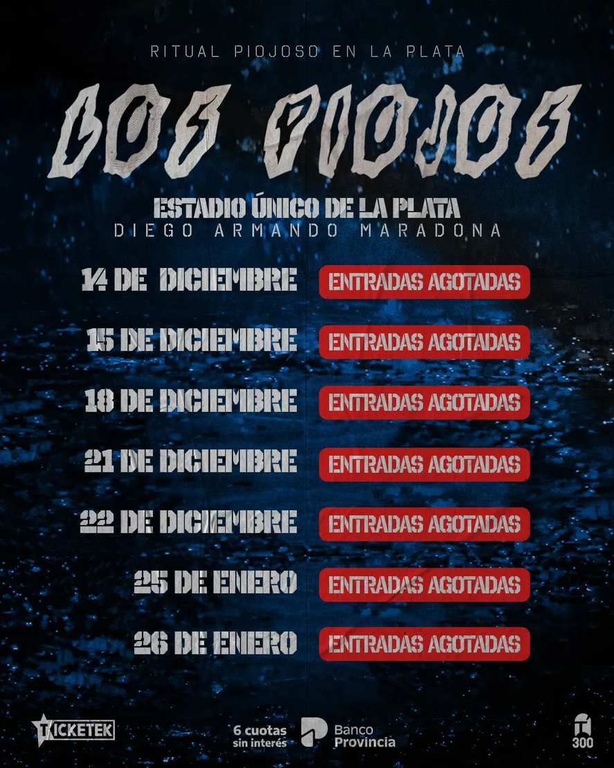 Los Piojos en La Plata: No hay entradas para los shows de la banda, se recomiendo no comprar reventa porque pueden ser falsas. 