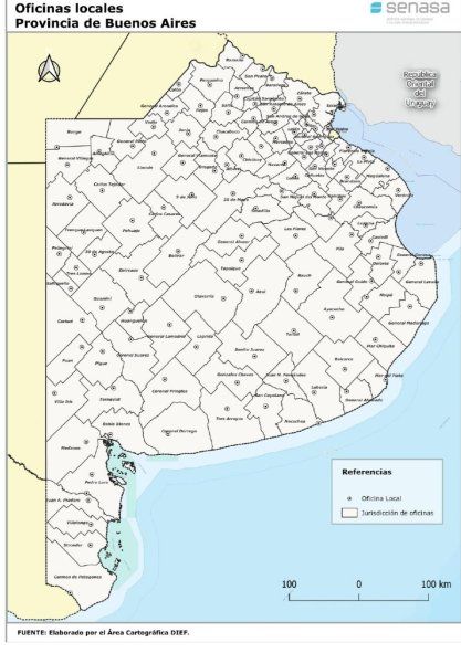 Así queda el mapa de las oficinas del SENASA en la provincia de Buenos Aires tras el cierre de 5 oficinas locales.
