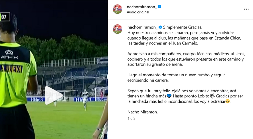 La publicación de Ignacio Miramón para despedirse de Gimnasia en Instagram. La publicación de Ignacio Miramón para despedirse de Gimnasia en Instagram.
