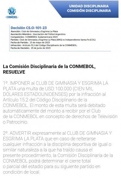 El comunicado de CONMEBOL por la multa económica a Gimnasia por discriminación en Copa Sudamericana