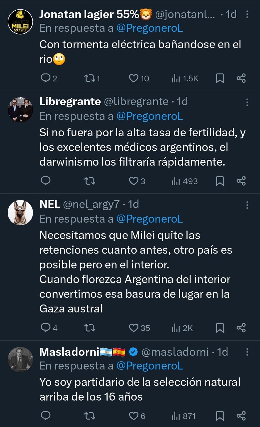 Opiniones en su mayoría de cuentas libertarias de Twitter condenando a los bañistas del Río de la Plata a la altura de Vicente López
