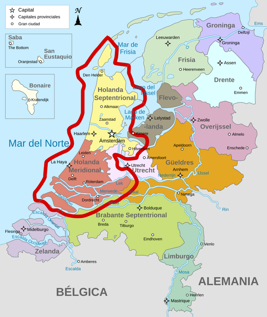 El mapa completo de Países Bajos y las dos provincias que comprenden el territorio denominado Holanda.