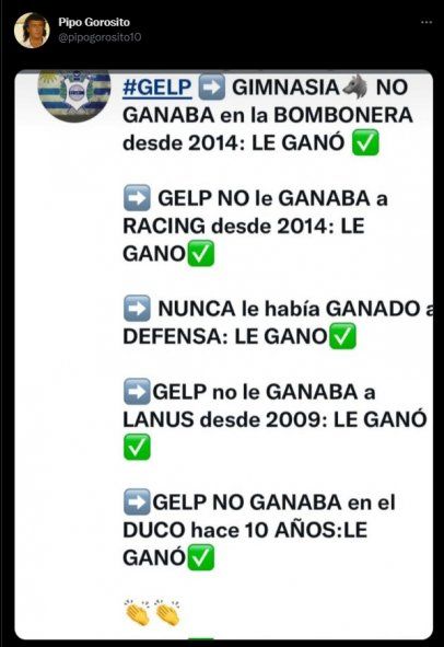 Néstor Gorosito compartió una imagen en Twitter con las rachas que rompió al dirigir a Gimnasia