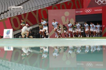 Los Pumas Seven al salir a la cancha ante Sudáfrica en los Juegos Olímpicos Tokio 2020