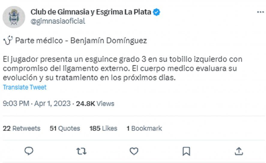 Parte médico oficial de Gimnasia sobre la lesión de Benjamín Domínguez