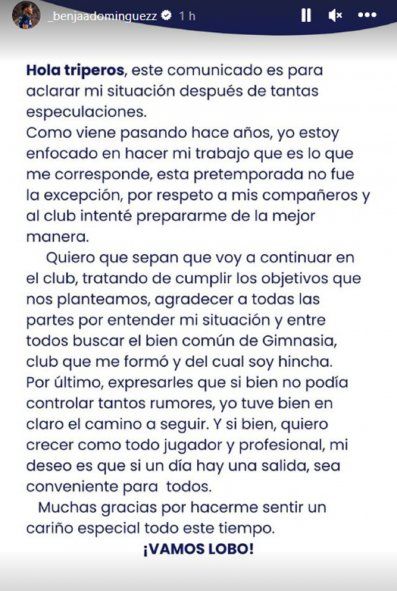El mensaje de Benjamin Domínguez para el mundo Gimnasia tras la posible salida a Talleres. Foto (@_Benjaadominguezz) El mensaje de Benjamin Domínguez para el mundo Gimnasia tras la posible salida a Talleres. Foto (@_Benjaadominguezz)