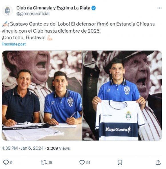 El tuit de Gimnasia oficilizando la llegada de Gustavo Canto Foto (@gimnasiaoficial) El tuit de Gimnasia oficilizando la llegada de Gustavo Canto Foto (@gimnasiaoficial)