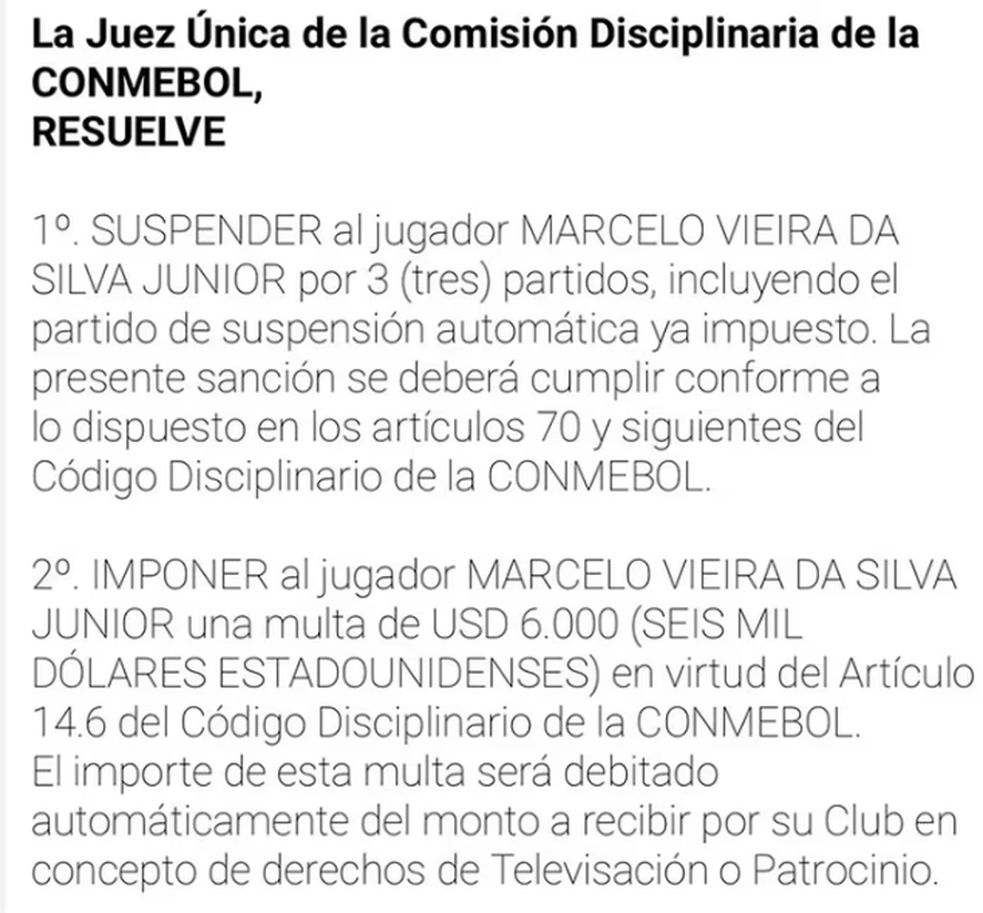 La sanción de Conmebol para Marcelo. La sanción de Conmebol para Marcelo.