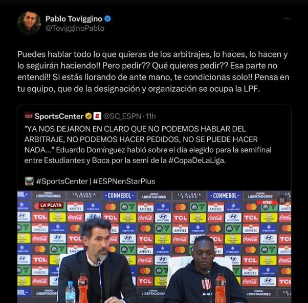 El mensaje de Pablo Toviggino a Eduardo Domínguez, técnico de Estudiantes El mensaje de Pablo Toviggino a Eduardo Domínguez, técnico de Estudiantes
