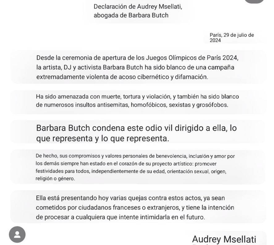 Traducción de la declaración de la abogada de la Dj Bárbara Bach al respecto de las agresiones que recibe online por su participación en la ceremonia inaugural de los Juegos Olímpicos de París 2024 Traducción de la declaración de la abogada de la Dj Bárbara Bach al respecto de las agresiones que recibe online por su participación en la ceremonia inaugural de los Juegos Olímpicos de París 2024