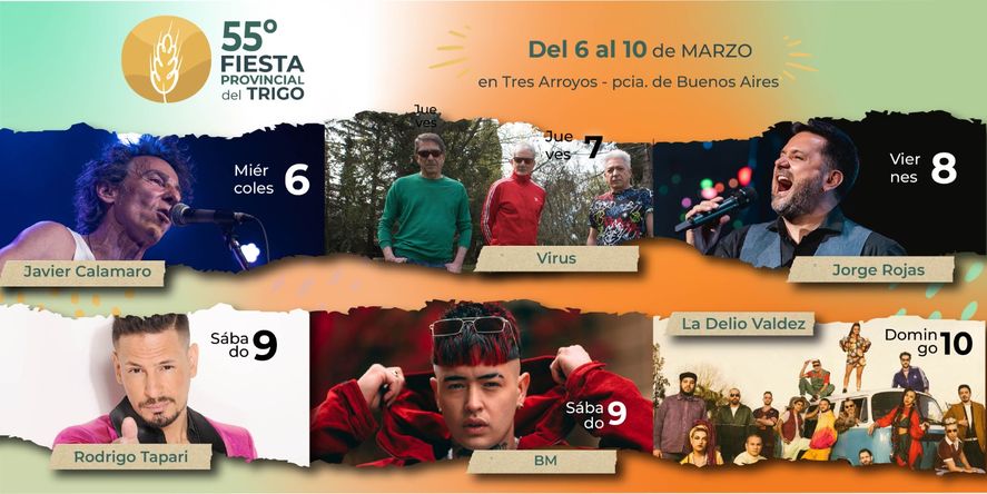 Desde el miércoles 6 al domingo 10 de marzo se realizará la edición 55° de la Fiesta del Trigo. Desde el miércoles 6 al domingo 10 de marzo se realizará la edición 55° de la Fiesta del Trigo.