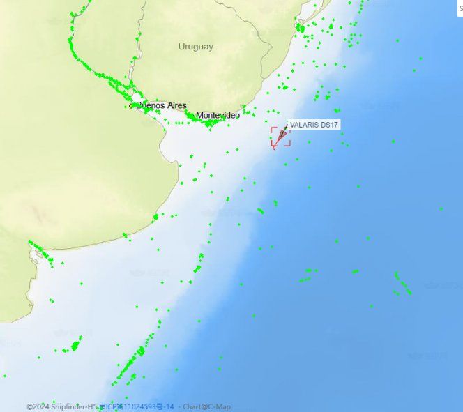 Ubicación geográfica del Valaris DS 17 rumbo a Mar del Plata. Imagen del 22 de abril de 2024.