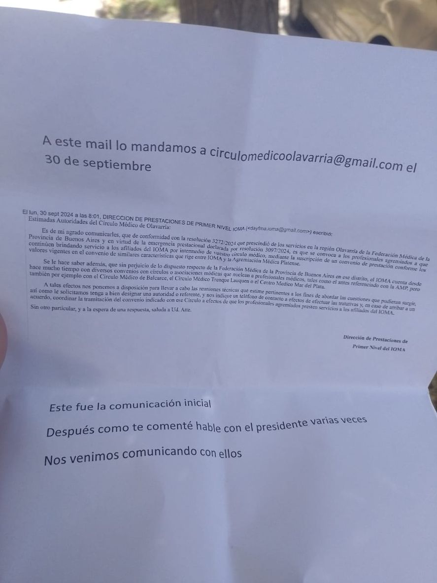 Un mail que destapó una nueva polémica sobre los nuevos convenios de IOMA en Olavarría Un mail que destapó una nueva polémica sobre los nuevos convenios de IOMA en Olavarría