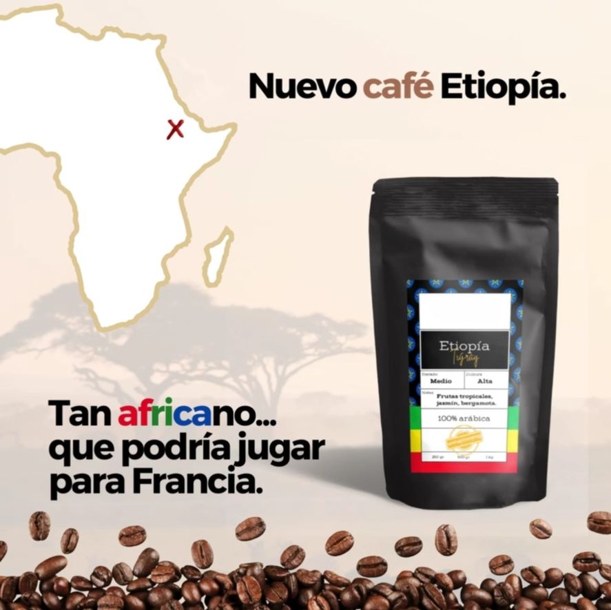 Un mapa de África, una cruz en donde se ubica Etiopía, y uno de los flyers que promocionan, en este caso, el café de especialidad con origen en ese país, pero lo relaciona con los jugadores de la selección de Francia 