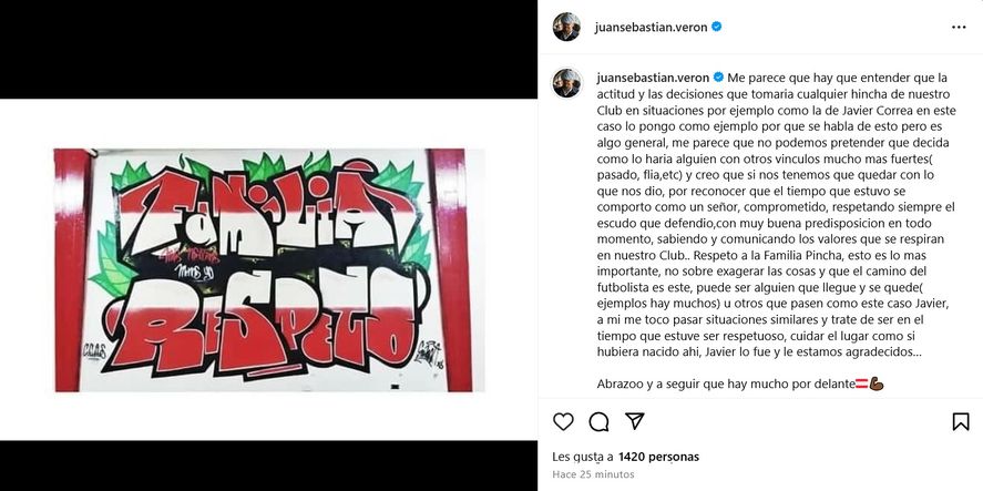 La publicación de Juan Sebastián Verón, presidente de Estudiantes, sobre Javier Correa. La publicación de Juan Sebastián Verón, presidente de Estudiantes, sobre Javier Correa.